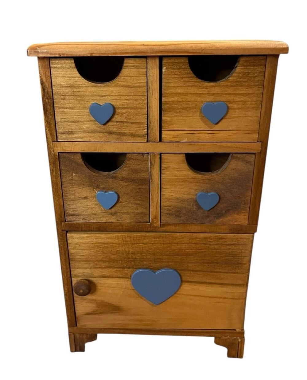 Wooden Mini Cabinet Blue Heart Accents Drawers Cottage Countertop Doll